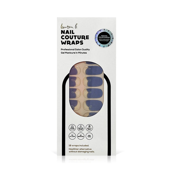 Package of Gel Nail Wrap | Lauren B. Beauty featuring professional quality, quick gel manicure wraps in a subtle coastal blue shade with color change technology.