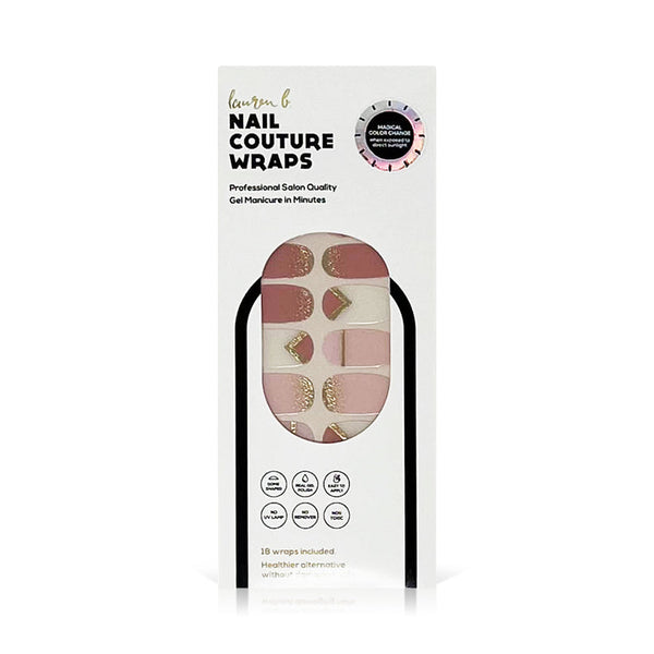 Gel Nail Wrap | Lauren B. Beauty showing a set of pink and gold gradient geometric nail wraps in professional salon quality packaging for easy at-home gel manicure.