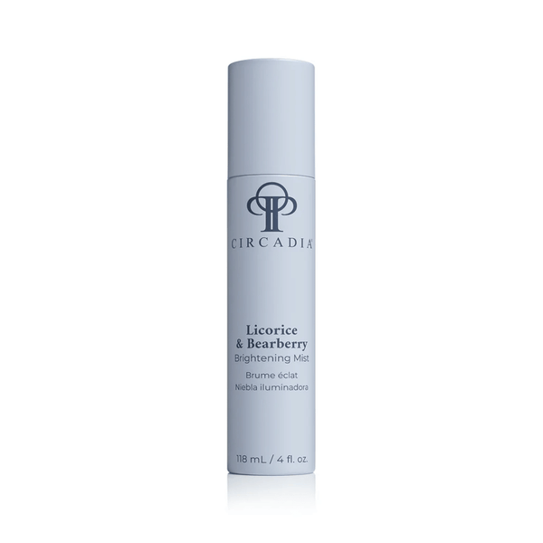 A sleek light blue bottle of Licorice & Bearberry Brightening Mist | Circadia skincare product designed for refreshing and brightening the skin.