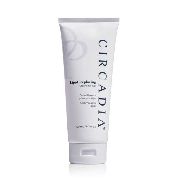 Tube of Lipid Replacing Cleansing Gel | Circadia with simple white and gray design, showcasing skincare product for gentle facial cleansing and lipid replacement.