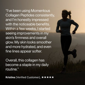Silhouette of a woman running outdoors at sunset next to a positive customer review highlighting the benefits of Collagen Peptides for skin firmness, hydration, and reducing fine lines.