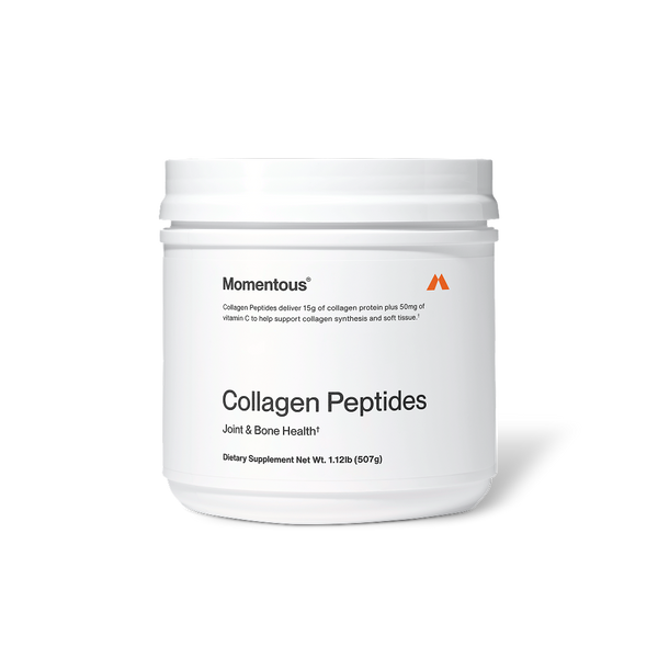 White container of Collagen Peptides dietary supplement supporting joint and bone health, featuring a minimalist label with clear text on a white background.