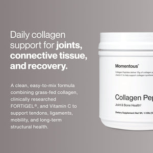 White container of Collagen Peptides with text describing it as a clean formula combining grass-fed collagen, FORTIGEL, and Vitamin C to support joints, connective tissue, and recovery.