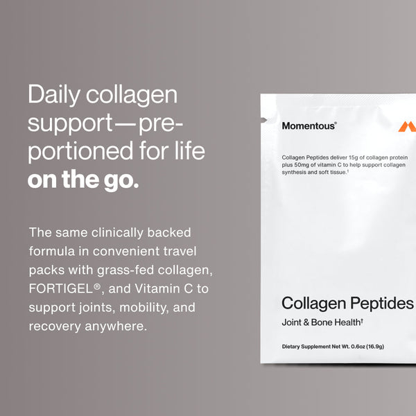 Packet of Collagen Peptides 10-Travel Packs supplement with text highlighting pre-portioned daily collagen support, clinically backed formula with grass-fed collagen and Vitamin C for joint and mobility wellness on the go.