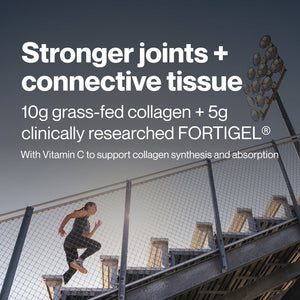 Text overlay promoting stronger joints and connective tissue with 10g grass-fed collagen and 5g clinically researched FORTIGEL, featuring a person exercising on outdoor stadium stairs in the background, related to Collagen Peptides.