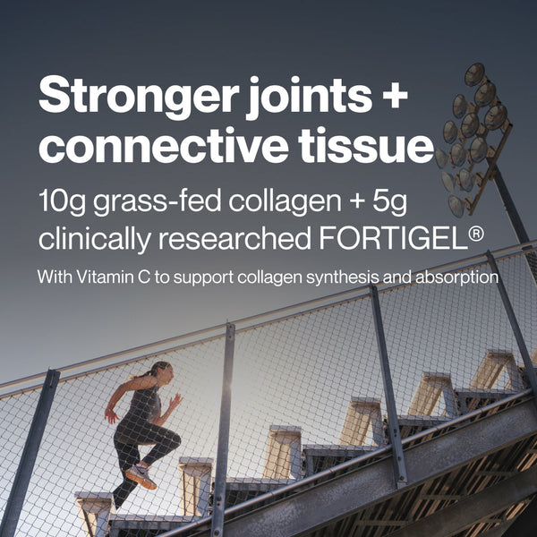 Text overlay promoting stronger joints and connective tissue with 10g grass-fed collagen and 5g clinically researched FORTIGEL, featuring a person exercising on outdoor stadium stairs in the background, related to Collagen Peptides.