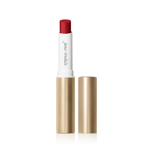 Open tube of ColorLuxe Hydrating Cream Lipstick | Jane Iredale in a rich red shade with a sleek gold case, highlighting its creamy and hydrating formula for smooth lips.