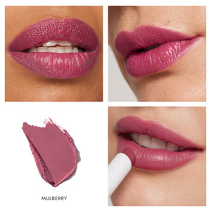 Close-up images showing lips wearing mulberry shade of ColorLuxe Hydrating Cream Lipstick | Jane Iredale with a creamy, moisturizing finish and a swatch of the lipstick color.
