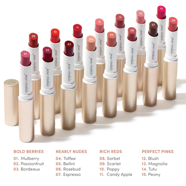 Eleven shades of ColorLuxe Hydrating Cream Lipstick | Jane Iredale, arranged by color categories: Bold Berries, Nearly Nudes, Rich Reds, and Perfect Pinks, with visible color names.