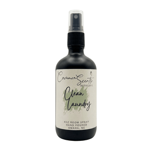 4oz Luxury Room Spray | CommonScents by Tayler E in a matte black bottle with a spray nozzle, labeled "Clean Laundry," designed for refreshing indoor spaces with a clean scent.