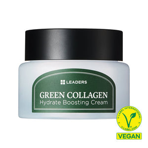 Jar of Green Collagen Firming Hydrate Boosting Cream | Leaders with a green label and black lid, featuring a vegan certification logo, skincare product for hydration and firming.