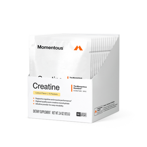 Box of Creatine 15-Travel Packs with lemon flavor, featuring pure creatine monohydrate in easy-to-use single-serving packets for muscle performance and cognitive support.