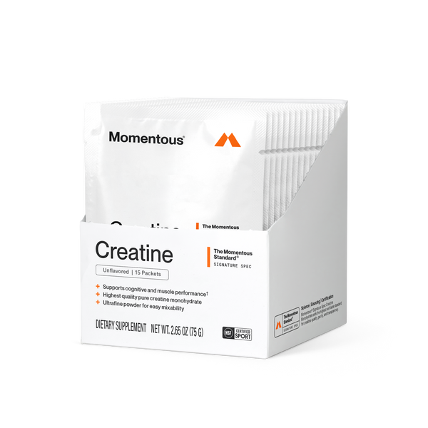 Box of Creatine 15-Travel Packs dietary supplement with individual unflavored packets, designed to support cognitive and muscle performance using premium creatine monohydrate powder.