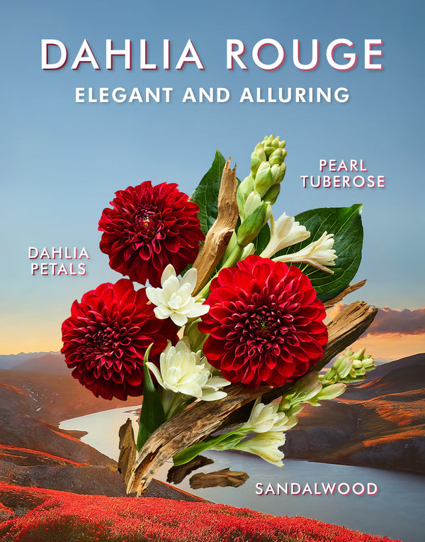 Floral arrangement featuring red dahlia petals, white pearl tuberose, and natural sandalwood against a scenic landscape, highlighting the fragrance notes of Body Lotion | Moroccanoil.