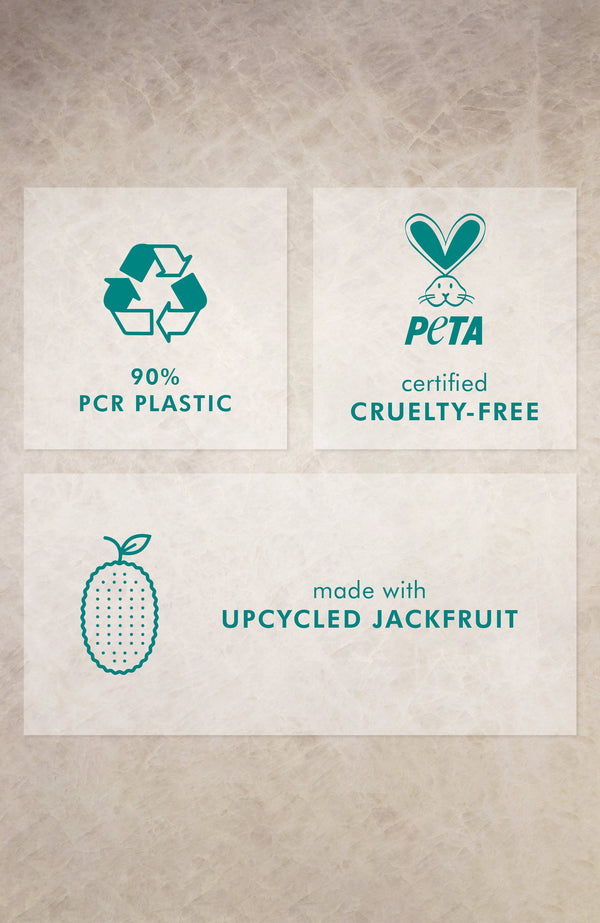 Recycling symbol with 90 percent PCR plastic, PETA certified cruelty-free logo, and illustration of jackfruit with text made with upcycled jackfruit for Frizz Control Conditioner | Moroccanoil.