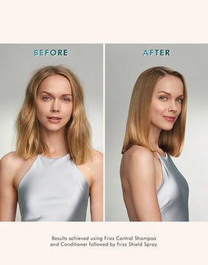 Comparison of a woman’s hair before and after using Frizz Control Conditioner | Moroccanoil, showing smoother, straighter, and more polished hair in the after image.