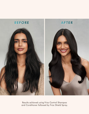 Before and after comparison of a woman with frizzy hair transformed into smooth, shiny hair after using Frizz Control Conditioner | Moroccanoil, showcasing noticeable frizz reduction and shine.