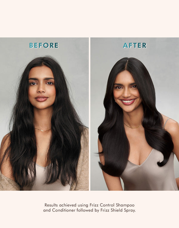 Before and after comparison showing a woman with frizzy hair transformed into smooth, shiny, and sleek hair after using Frizz Control Shampoo | Moroccanoil.