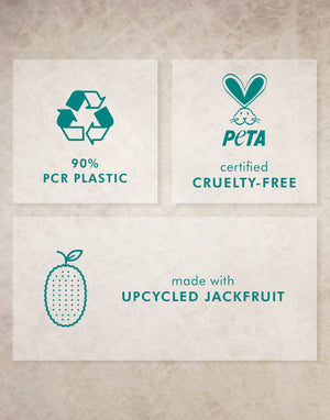 Icons highlighting Frizz Control Shampoo | Moroccanoil features including 90% PCR plastic packaging, PETA certified cruelty-free, and made with upcycled jackfruit.