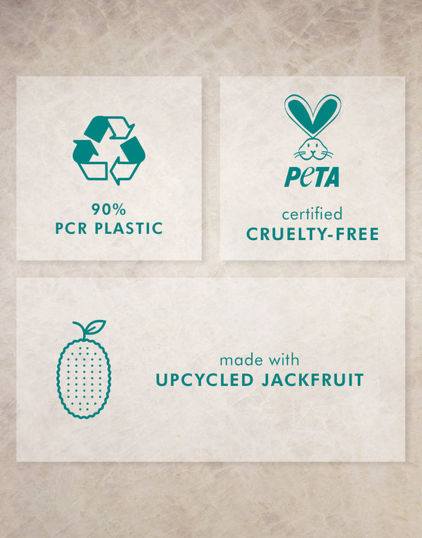 Icons highlighting Frizz Control Shampoo | Moroccanoil features including 90% PCR plastic packaging, PETA certified cruelty-free, and made with upcycled jackfruit.