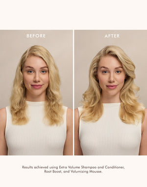 Before and after comparison of a woman with blonde hair showing increased volume and smoothness after using Volumizing Mousse | Moroccanoil with other hair care products.