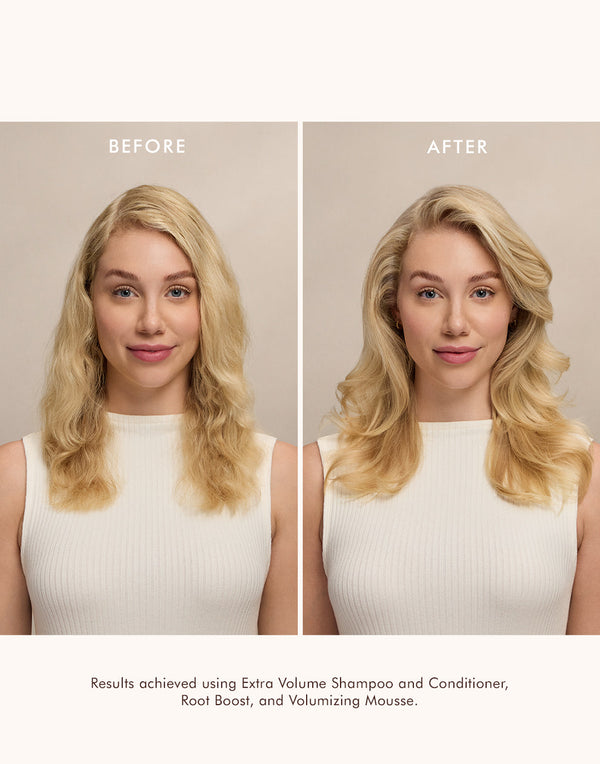Before and after comparison of a woman with blonde hair showing increased volume and smoothness after using Volumizing Mousse | Moroccanoil with other hair care products.