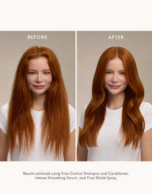 Before and after comparison of a woman with red hair showing frizzy hair transformed into smooth, glossy waves after using Frizz Control Conditioner | Moroccanoil.