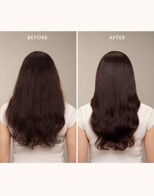 Before and after comparison showing the smoothing and shine effects on long dark hair using Moroccanoil Treatment Mist - Full Size | Moroccanoil, highlighting enhanced hair texture and wellness.