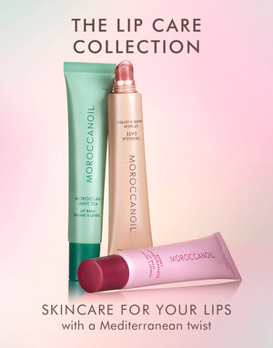 Three lip care products from Moroccanoil's collection displayed on a light gradient background, featuring the Argan Butter Lip Balm | Moroccanoil in a soft beige tube alongside two other lip balms.