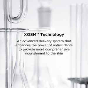 Clear laboratory glassware with text describing XOSM™ Technology as an advanced delivery system enhancing antioxidants for improved skin nourishment, promoting DAILY PREVENTION Pure Mineral Hydrating Moisturizer SPF 30 | IMAGE Skincare.
