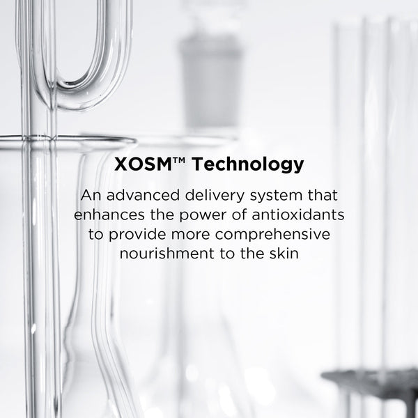 Clear laboratory glassware with text describing XOSM™ Technology as an advanced delivery system enhancing antioxidants for improved skin nourishment, promoting DAILY PREVENTION Pure Mineral Hydrating Moisturizer SPF 30 | IMAGE Skincare.