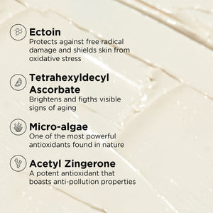 Close-up of a creamy moisturizer texture with text highlighting ingredients and benefits of DAILY PREVENTION Pure Mineral Hydrating Moisturizer SPF 30 | IMAGE Skincare, including protection from free radicals, antioxidant properties, and anti-aging effects.