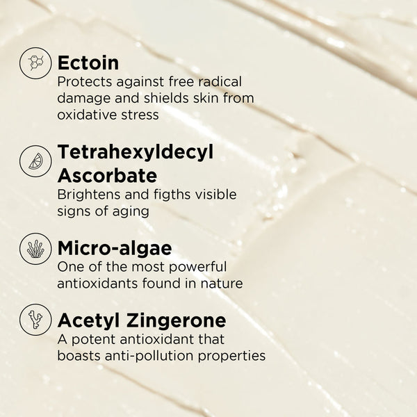 Close-up of a creamy moisturizer texture with text highlighting ingredients and benefits of DAILY PREVENTION Pure Mineral Hydrating Moisturizer SPF 30 | IMAGE Skincare, including protection from free radicals, antioxidant properties, and anti-aging effects.