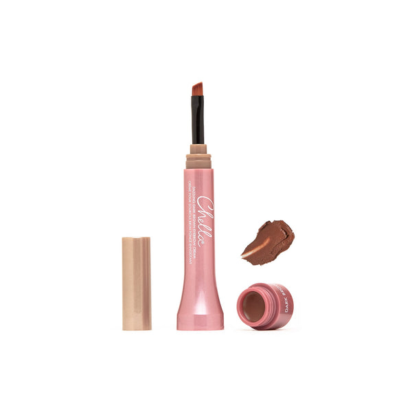 Eyebrow Cream | Chella with angled applicator brush and dark brown cream swatch, designed for precise eyebrow shaping and skincare enhancement.