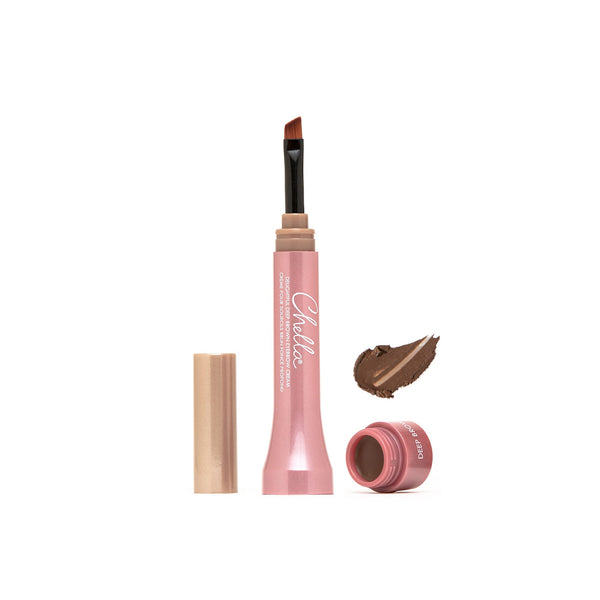 Open Eyebrow Cream | Chella with angled applicator brush and swatch of deep brown color on white background, highlighting skincare and beauty product features.