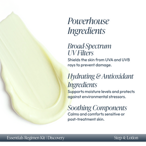 Close-up of a light green lotion texture highlighting the powerhouse ingredients of the Discovery Essentials Kit | Circadia, including broad-spectrum UV filters, hydrating antioxidants, and soothing components for skin protection and comfort.