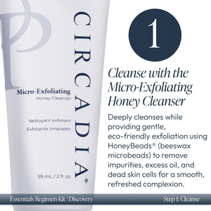 Close-up of a Micro-Exfoliating Honey Cleanser bottle with text describing its use in the Discovery Essentials Kit | Circadia, highlighting gentle exfoliation and cleansing benefits for refreshed skin.
