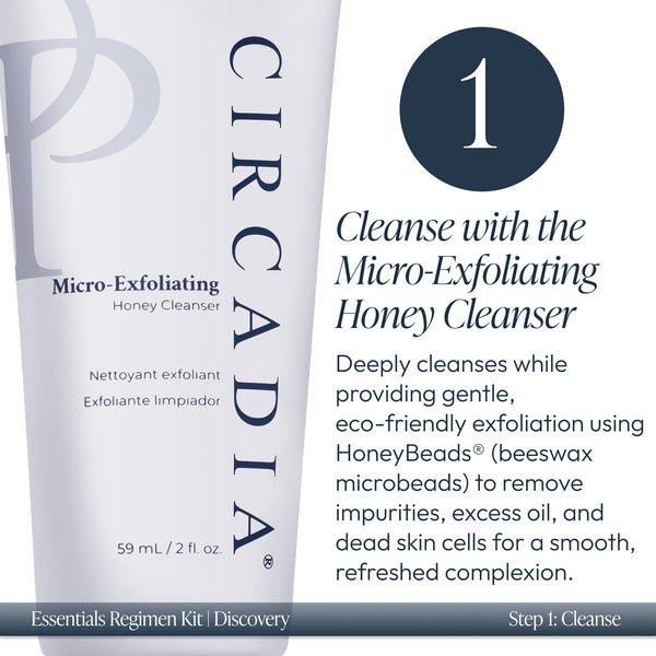Close-up of a Micro-Exfoliating Honey Cleanser bottle with text describing its use in the Discovery Essentials Kit | Circadia, highlighting gentle exfoliation and cleansing benefits for refreshed skin.