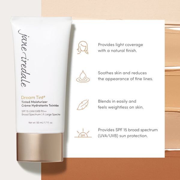 Dream Tine Tinted Moisturizer SPF 15 | Jane Iredale tube with text highlighting light coverage, natural finish, soothing skin, reducing fine lines, weightless feel, and SPF 15 broad spectrum sun protection.