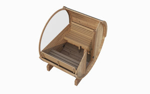 E6W Barrel Sauna - 3 Person | Western Sol designed with natural wood in a compact barrel shape, featuring seating and an open front for easy access and ventilation.