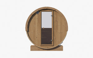 E6W Barrel Sauna - 3 Person | Western Sol featuring a wooden barrel shape with a glass-paneled door, designed for outdoor wellness and relaxation.