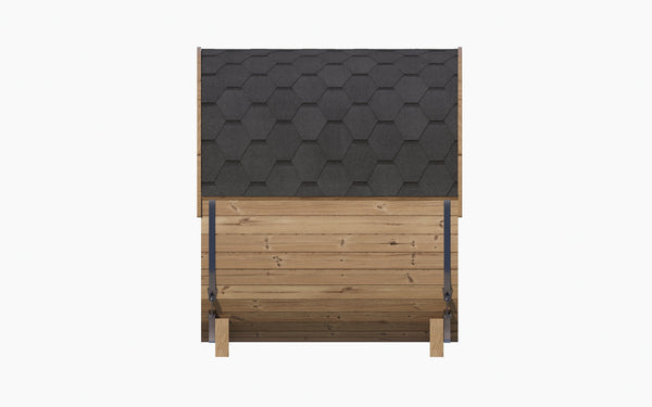 Top view of the E6W Barrel Sauna - 3 Person | Western Sol showcasing its wood construction and shingled roof designed for outdoor wellness and relaxation.