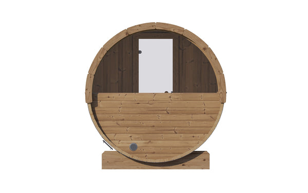 Front view of the wooden E6W Barrel Sauna - 3 Person | Western Sol featuring a glass door and natural wood finish, ideal for wellness and relaxation.