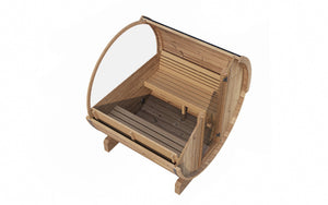 E7W Barrel Sauna - 4 Person | Western Sol designed with smooth curved wooden exterior and interior benches, ideal for wellness and relaxation in a compact barrel shape.