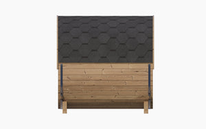 E7W Barrel Sauna - 4 Person | Western Sol shows a front view of a wooden barrel-style sauna with a textured shingle roof designed for wellness and relaxation.