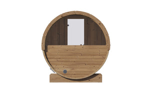 E7W Barrel Sauna - 4 Person | Western Sol showing a front view of a round wooden sauna with a glass door, designed for wellness and relaxation in a natural wood finish.