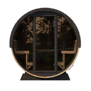 Front view of the EE8G Sauna Barrel - 6-8 Person | Western Sol, featuring a spacious wooden barrel design with a glass door and interior seating, ideal for wellness and relaxation.