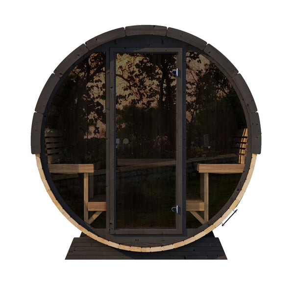 Front view of the EE8G Sauna Barrel - 6-8 Person | Western Sol, featuring a spacious wooden barrel design with a glass door and interior seating, ideal for wellness and relaxation.