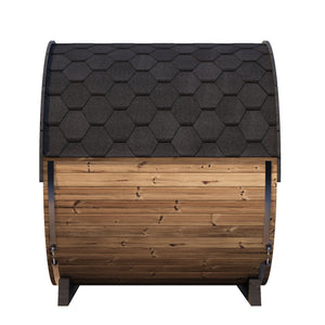 Front view of the EE8G Sauna Barrel - 6-8 Person | Western Sol showing its dark shingled roof and smooth wooden exterior designed for relaxation and wellness.