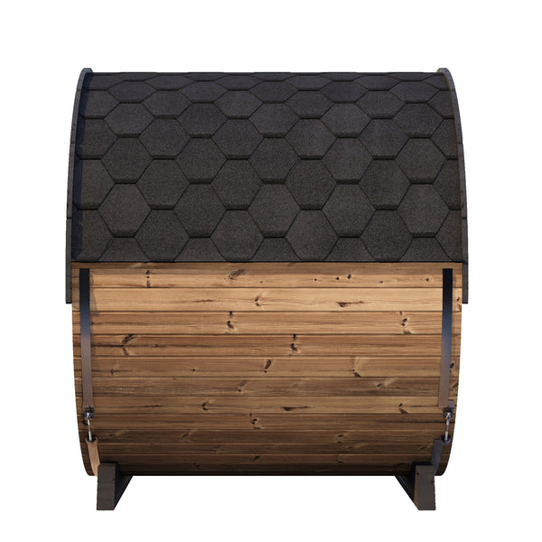 Front view of the EE8G Sauna Barrel - 6-8 Person | Western Sol showing its dark shingled roof and smooth wooden exterior designed for relaxation and wellness.
